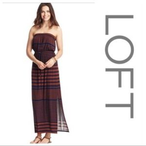 LOFT strapless navy/orange striped maxi dress, XS